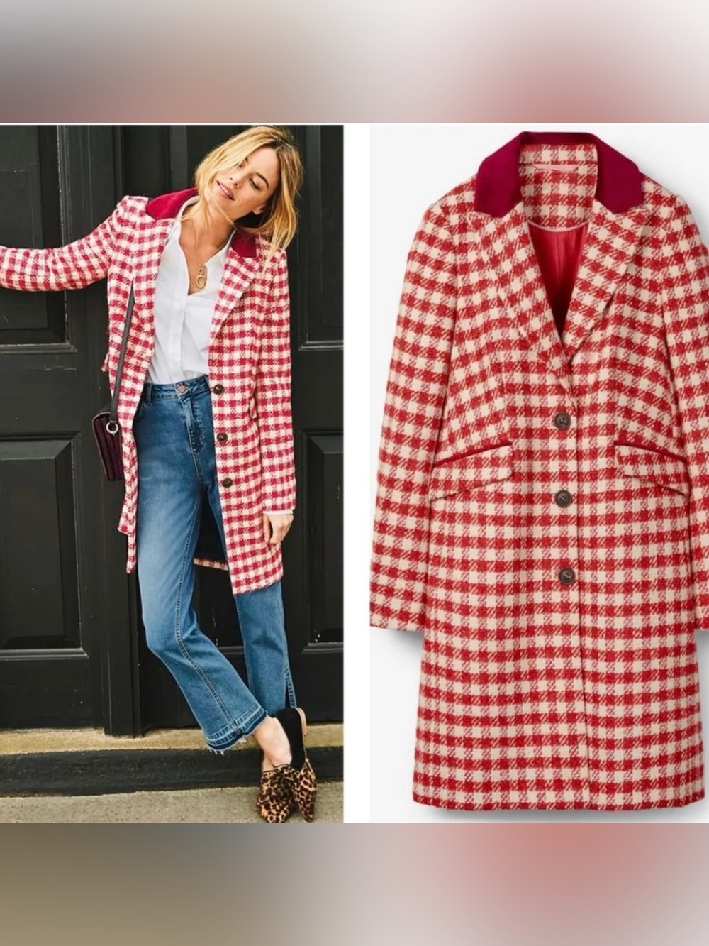 Boden Eastbourne Check Wool Blend Coat Sz 12